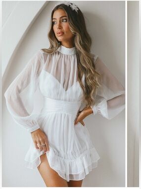 Selfie Leslie White Sheer Long-Sleeve Ruffle Mini Dress